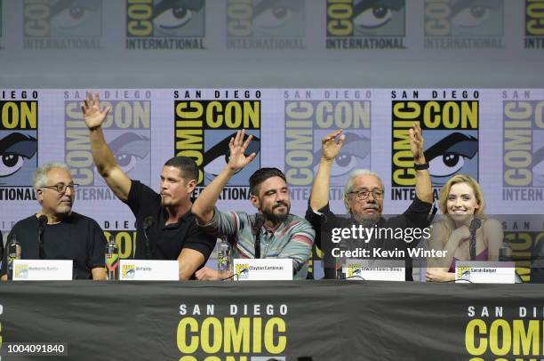 Norberto Barba, J.D. Pardo, Clayton Cardenas, Edward James OlmosSarah Bolger speak onstage at the "Mayans M.C." discussion and Q&A during Comic-Con...