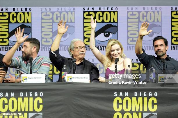 Clayton Cardenas, Edward James Olmos, Sarah Bolger and Danny Pino speak onstage at the "Mayans M.C." discussion and Q&A during Comic-Con...