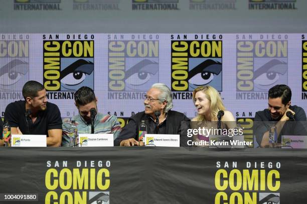 Pardo, Clayton Cardenas, Edward James Olmos, Sarah Bolger and Danny Pino speak onstage at the "Mayans M.C." discussion and Q&A during Comic-Con...