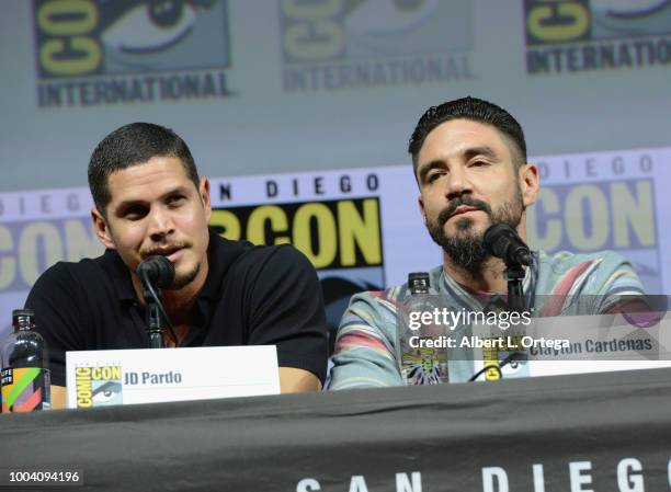 Pardo and Clayton Cardenas speak onstage at the "Mayans M.C." discussion and Q&A during Comic-Con International 2018 at San Diego Convention Center...