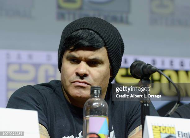 Elgin James speaks onstage at the "Mayans M.C." discussion and Q&A during Comic-Con International 2018 at San Diego Convention Center on July 22,...