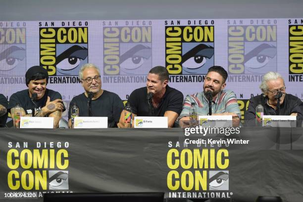 Elgin James, Norberto Barba, J.D. Pardo, Clayton Cardenas and Edward James Olmos speak onstage at the "Mayans M.C." discussion and Q&A during...