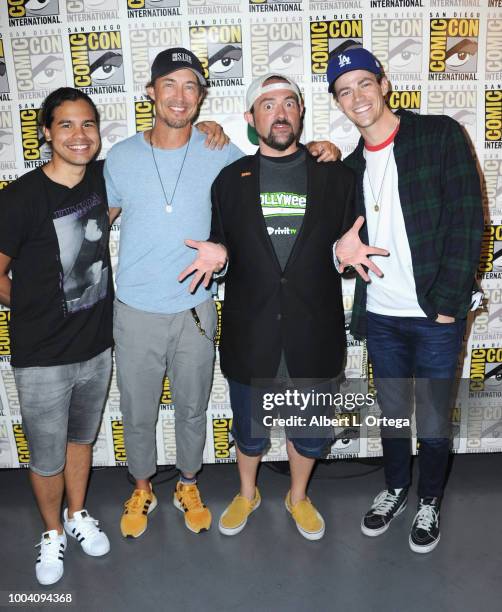 Carlos Valdes, Tom Cavanagh, Kevin Smith and Grant Gustin attend 'An Evening with Kevin Smith' during Comic-Con International 2018 at San Diego...