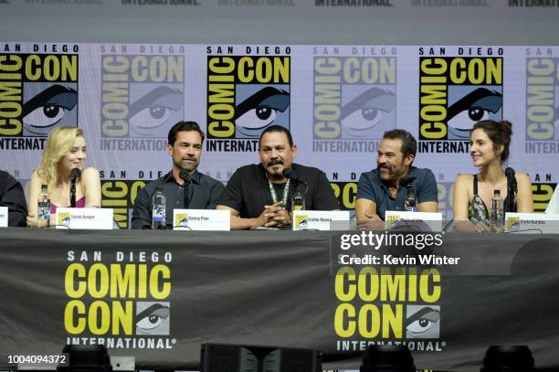 Sarah Bolger, Danny Pico, Emilio Rivera, Michael Irby and Carla Baratta speak onstage at the "Mayans M.C." discussion and Q&A during Comic-Con...