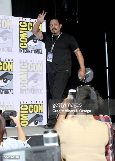 Emilio Rivera walks onstage at the "Mayans M.C." discussion and Q&A during Comic-Con International 2018 at San Diego Convention Center on July 22,...