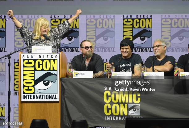 Lynette Rice, Kurt Sutter, Elgin James and Norberto Barba speak onstage at the "Mayans M.C." discussion and Q&A during Comic-Con International 2018...