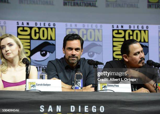 Sarah Bolger, Danny Pino and Emilio Rivera onstage at the "Mayans M.C." discussion and Q&A during Comic-Con International 2018 at San Diego...