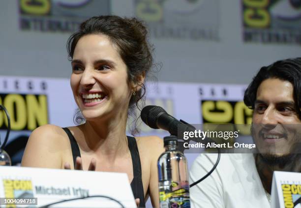 Carla Baratta and Richard Cabral speak onstage at the "Mayans M.C." discussion and Q&A during Comic-Con International 2018 at San Diego Convention...