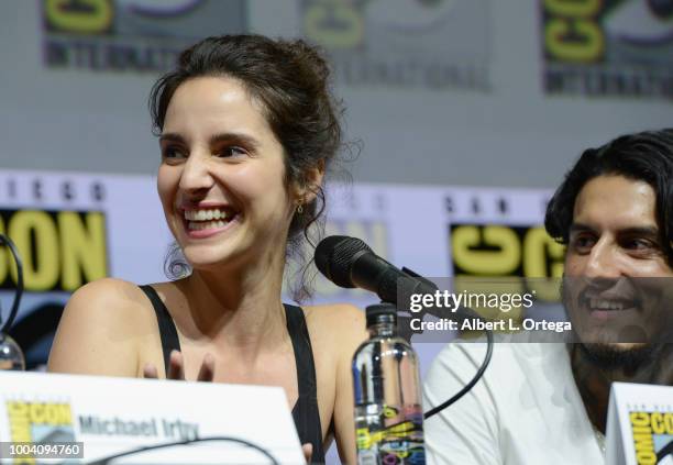 Carla Baratta and Richard Cabral speak onstage at the "Mayans M.C." discussion and Q&A during Comic-Con International 2018 at San Diego Convention...