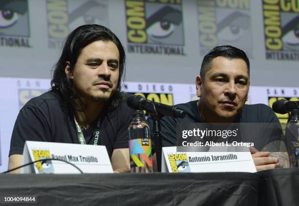 Antonio Jaramillo and Frankie Loyal speak onstage at the "Mayans M.C." discussion and Q&A during Comic-Con International 2018 at San Diego Convention...