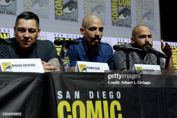 Frankie Loyal, Joseph Lucero and Vincent Vargas speak onstage at the "Mayans M.C." discussion and Q&A during Comic-Con International 2018 at San...