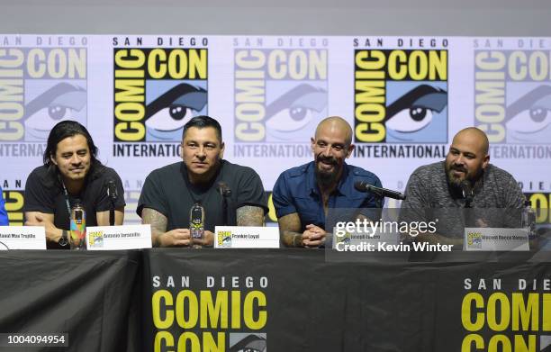 Antonio Jaramillo, Frankie Loyal, Joseph Lucero, and Vincent Vargas speak onstage at the "Mayans M.C." discussion and Q&A during Comic-Con...