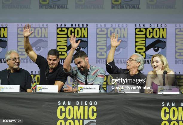 Norberto Barba, J.D. Pardo, Clayton Cardenas, Edward James Olmos and Sarah Bolger speak onstage at the "Mayans M.C." discussion and Q&A during...