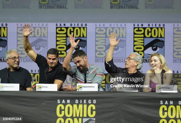 Norberto Barba, J.D. Pardo, Clayton Cardenas, Edward James Olmos, and Sarah Bolger speak onstage at the "Mayans M.C." discussion and Q&A during...