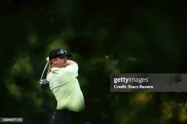 Steve Wheatcroft hits his tee shot on the first hole during the final round of the Barbasol Championship at Keene Trace Golf Club on July 22, 2018 in...