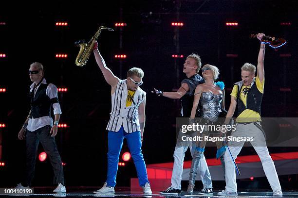 Sunstroke Project and Olia Tira of Moldova perform during the dress rehearsal before the first semi final at the Telenor Arena on May 24, 2010 in...