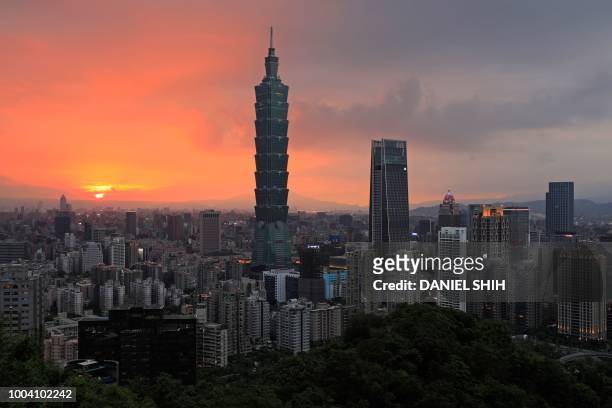 This picture taken on July 22, 2018 shows a view of the Xinyi Shopping District, including the Taipei 101 building , at sunset in Taipei.