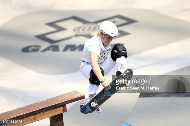 Poppy Star Olsen of Australia competes in the Women's Skateboard Park Final during the ESPN X Games at U.S. Bank Stadium on July 22, 2018 in...