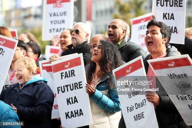 Staff and supporters on the picket line at Aotea Square on Queen St on July 23, 2018 in Auckland, New Zealand. Around 4000 staff from Inland Revenue...