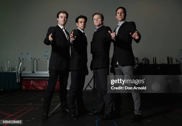 Cameron MacDonald, Bernard Angel, Thomas McGuane and Glaston Toft pose during rehearsals for Jersey Boys on July 23, 2018 in Sydney, Australia.