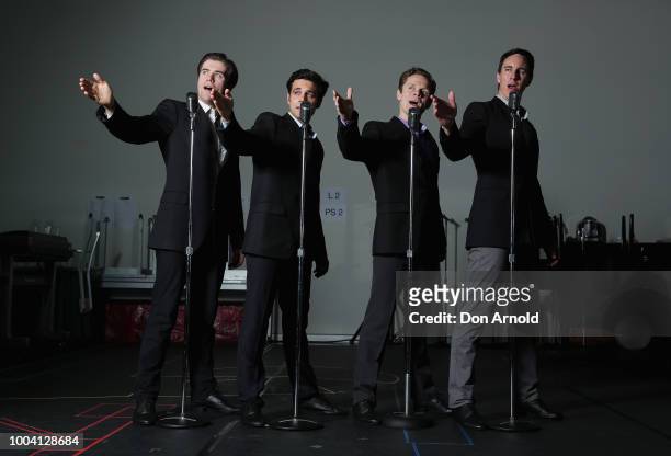 Cameron MacDonald, Bernard Angel, Thomas McGuane and Glaston Toft pose during rehearsals for Jersey Boys on July 23, 2018 in Sydney, Australia.