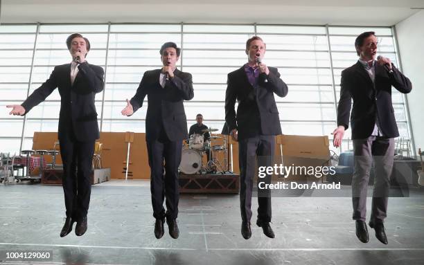 Cast members perform during rehearsals for Jersey Boys on July 23, 2018 in Sydney, Australia.