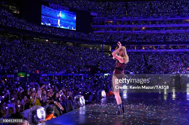 Taylor Swift performs onstage during the Taylor Swift reputation Stadium Tour at MetLife Stadium on July 22, 2018 in East Rutherford, New Jersey.
