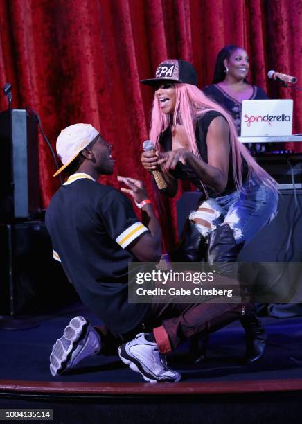 Backup dancer Ali Boxx, rapper Sandra "Pepa" Denton and DJ Spinderella of Salt-N-Pepa perform during an announcement for the "I LOVE THE '90s - THE...