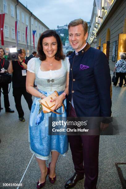 Federal Minister Dorothee Baer and her husband Oliver Baer attends the premiere of 'Jedermann' during the Salzburg Festival 2018 at Salzburg...