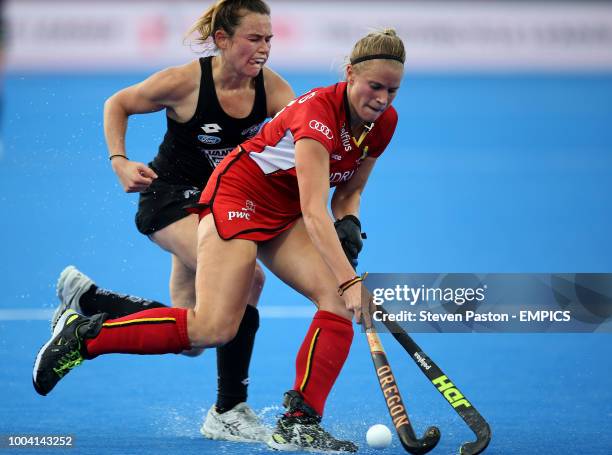 Belgium's Alix Gerniers and New Zealand's Kelsey Smith in action New Zealand v Belgium - Women's Hockey World Cup 2018 - Pool D - Lee Valley Hockey &...