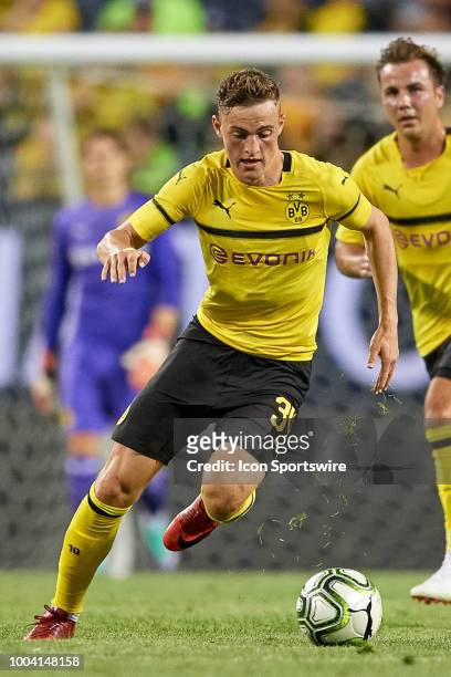 Borussia Dortmund forward Jacob Bruun Larsen dribbles the ball during an International Champions Cup match between Manchester City and Borussia...
