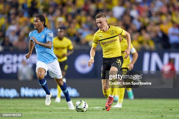 Borussia Dortmund forward Jacob Bruun Larsen dribbles the ball during an International Champions Cup match between Manchester City and Borussia...