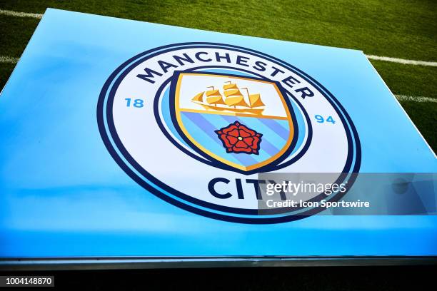 Detailed view of a Manchester City logo is seen on the field during an International Champions Cup match between Manchester City and Borussia...