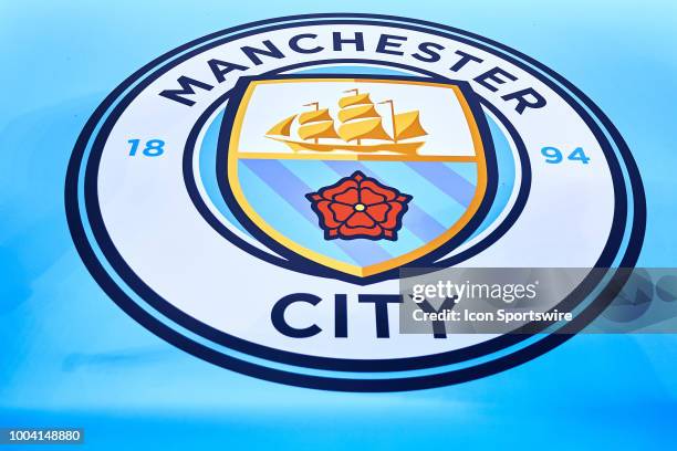 Detailed view of a Manchester City logo is seen on the field during an International Champions Cup match between Manchester City and Borussia...