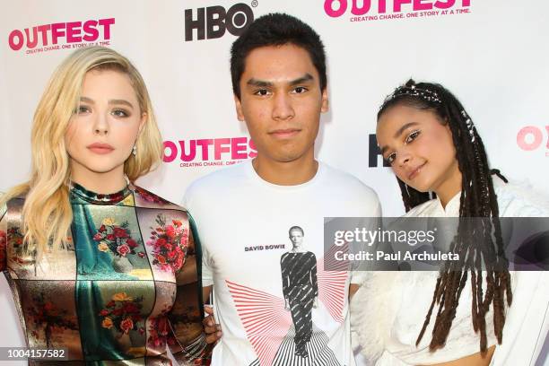 Actors Chloe Grace Moretz, Forrest Goodluck and Sasha Lane attend the 2018 Outfest Los Angeles LGBT Film Festival closing night Gala of "The...