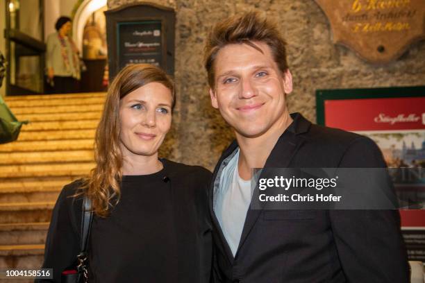 Actor Hanno Koffler and Mia Meyer attends the premiere celebration of 'Jedermann' during the Salzburg Festival 2018 at Salzburg Cathedral on July 22,...