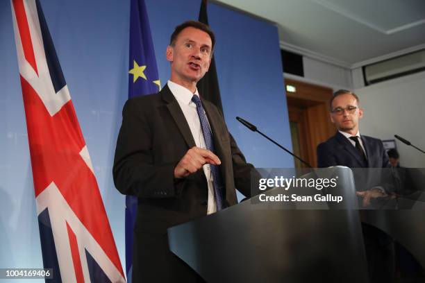 British Foreign Secretary Jeremy Hunt and German Foreign Minister Heiko Maas speak to the media at the Foreign Ministry on July 23, 2018 in Berlin,...