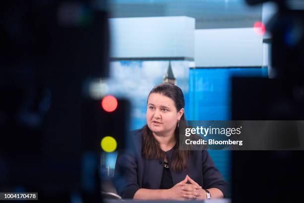 Oksana Markarova, Ukraine's acting finance minister, speaks during a Bloomberg Television interview in London, U.K., on Monday, July 23, 2018....