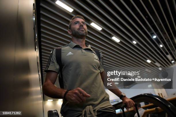 Juventus player Andrea Barzagli departs for the summer tour 2018 on July 23, 2018 in Turin, Italy.