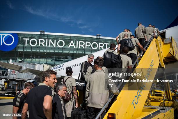 Juventus players departs for the summer tour 2018 on July 23, 2018 in Turin, Italy.