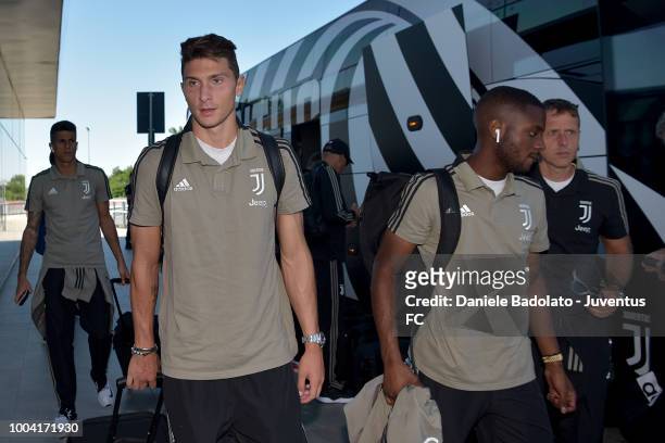 Juventus player Mattia Caldara departs for the summer tour 2018 on July 23, 2018 in Turin, Italy.