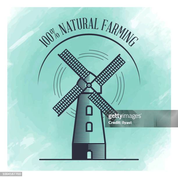 old mill badge watercolor background - old windmill stock illustrations
