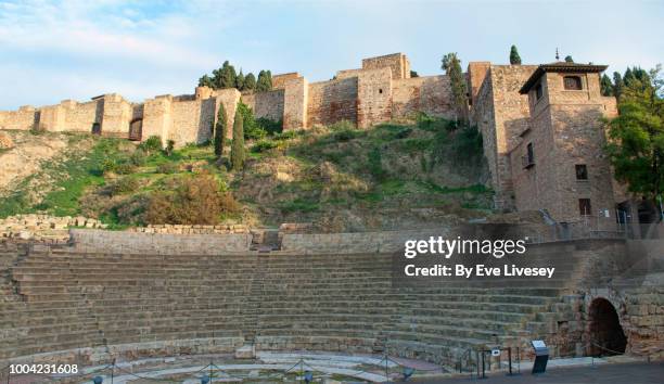 panoramic view of the alcazaba (citadel) of malaga and part of the roman forum - alcazaba of málaga stock pictures, royalty-free photos & images