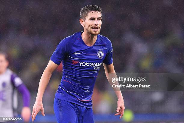 Jorginho of Chelsea looks on during the international friendly between Chelsea FC and Perth Glory at Optus Stadium on July 23, 2018 in Perth,...