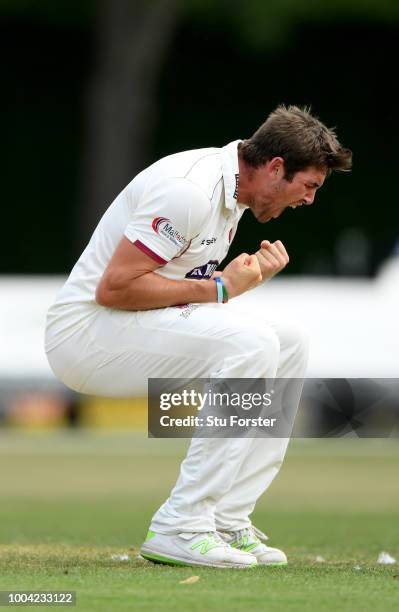 Somerset bowler Jamie Overton celebrates after dismissing Worcestershire batsman Moeen Ali during Day two of the Specsavers County Championship:...