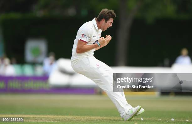 Somerset bowler Jamie Overton celebrates after dismissing Worcestershire batsman Moeen Ali during Day two of the Specsavers County Championship:...