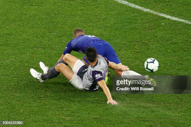 Brandon Wilson of the Glory slides into a tackle on Ross Barkley of Chelsea during the international friendly between Chelsea FC and Perth Glory at...