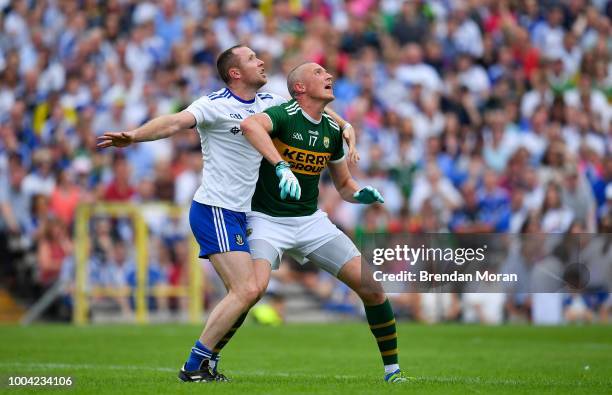 Clones , Ireland - 22 July 2018; Kieran Donaghy of Kerry and Vinny Corey of Monaghan watch a dropping ball during the GAA Football All-Ireland Senior...