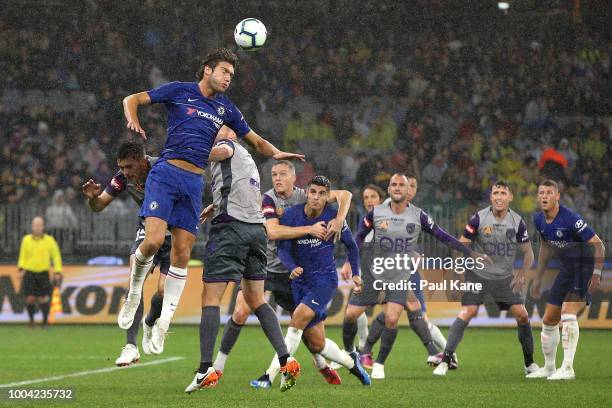 Marcos Alonso of Chelsea heads the ball during the international friendly between Chelsea FC and Perth Glory at Optus Stadium on July 23, 2018 in...