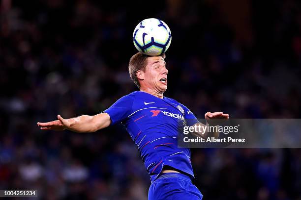 Mario Pasalic of Chelsea heads the ball during the international friendly between Chelsea FC and Perth Glory at Optus Stadium on July 23, 2018 in...